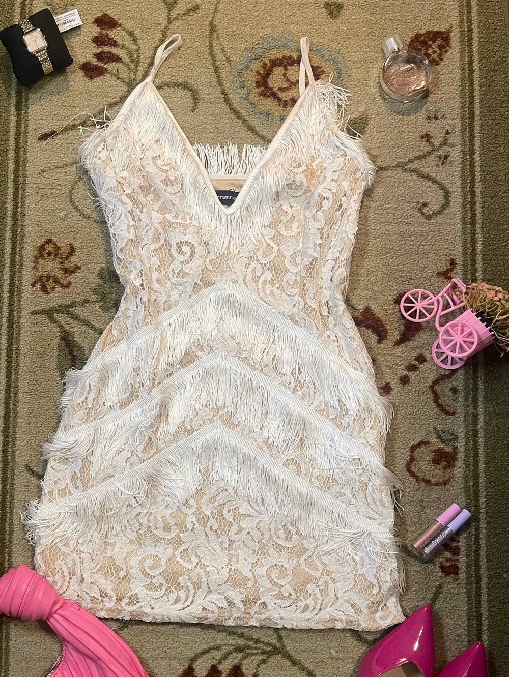 PrettyLittleThing Ivory Lace Fringe Mini Dress